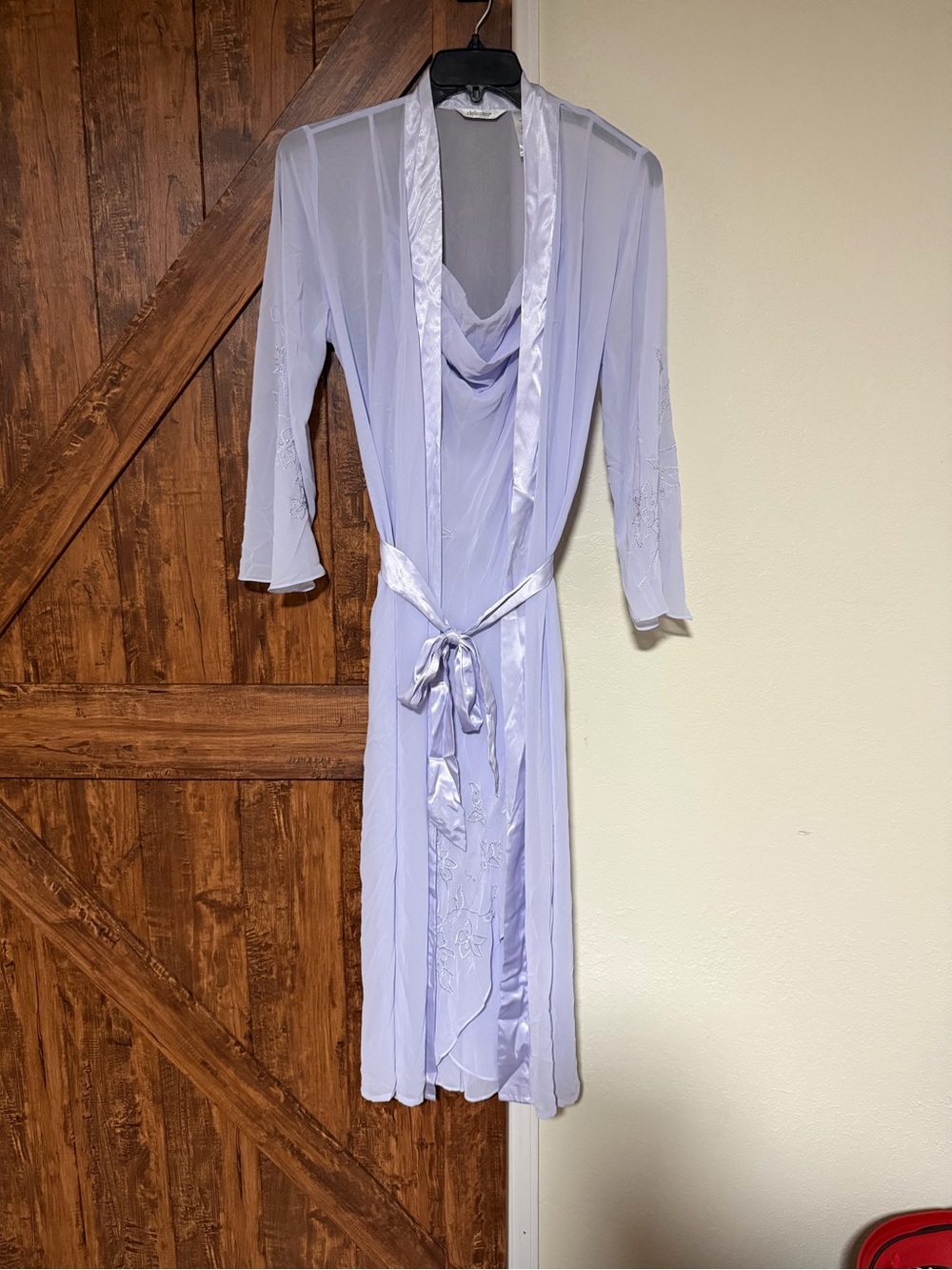 Vintage Delicates Embroidered Lavender Sheer Satin-Trim Robe Bridal Set Size S